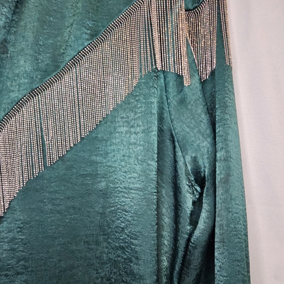 Chic Teal Satin Dress with Fringe Accents - Picture 6 of 9